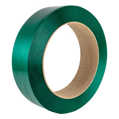 Rollo de fleje plástico PET verde con núcleo de cartón.