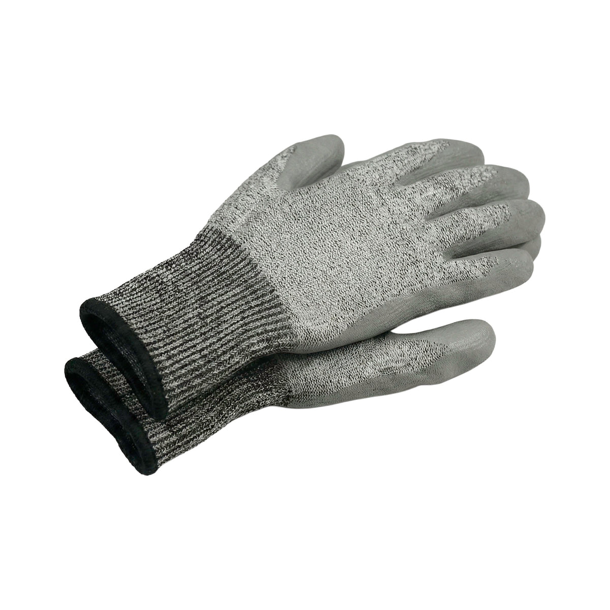 Par de guantes grises con puños de borde negro.
