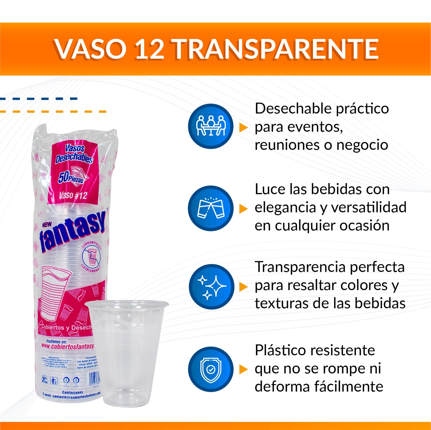 Vaso Fantasy Desechable Transparente #12 – Caja con 1000 piezas