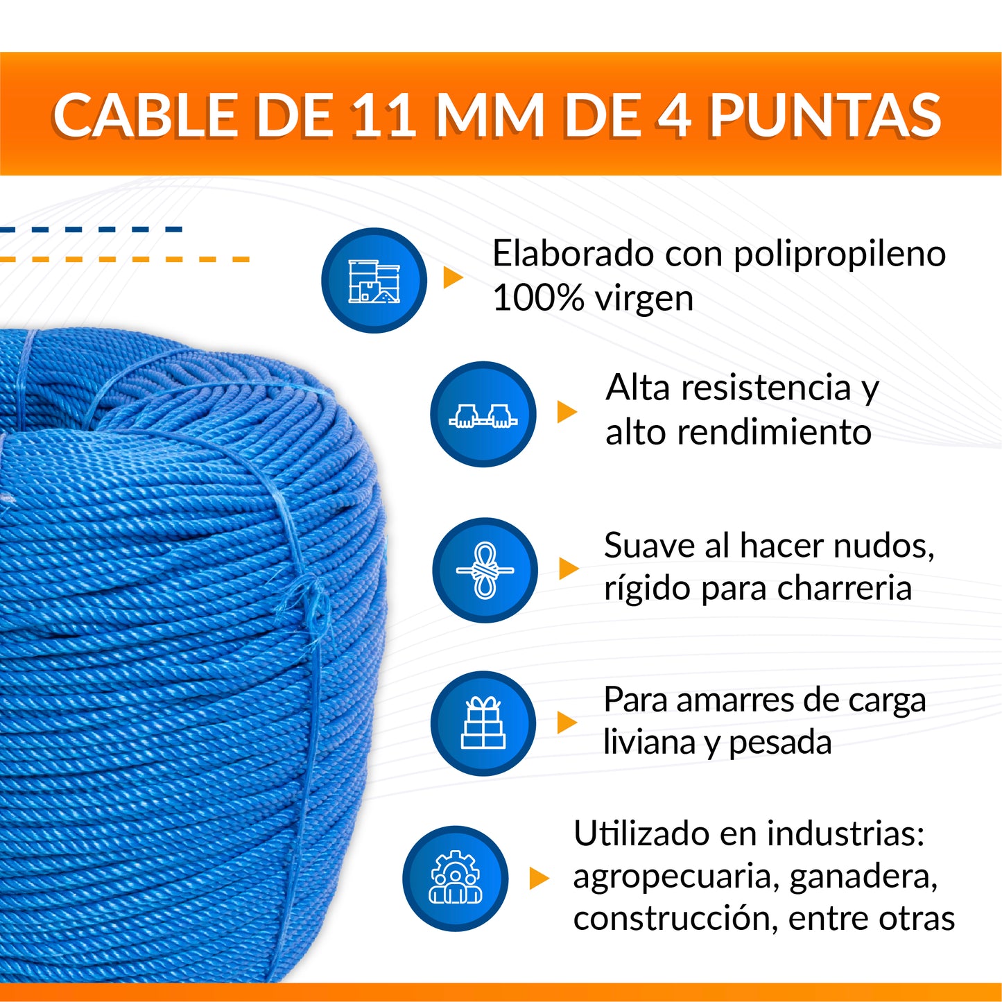 Cable de Polipropileno de 11 mm con 4 Puntas azul