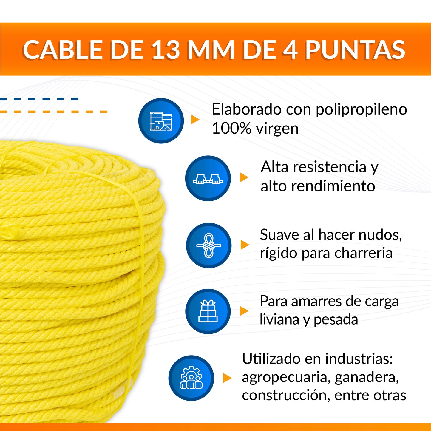 Cable de Polipropileno de 13 mm con 4 puntas amarillo
