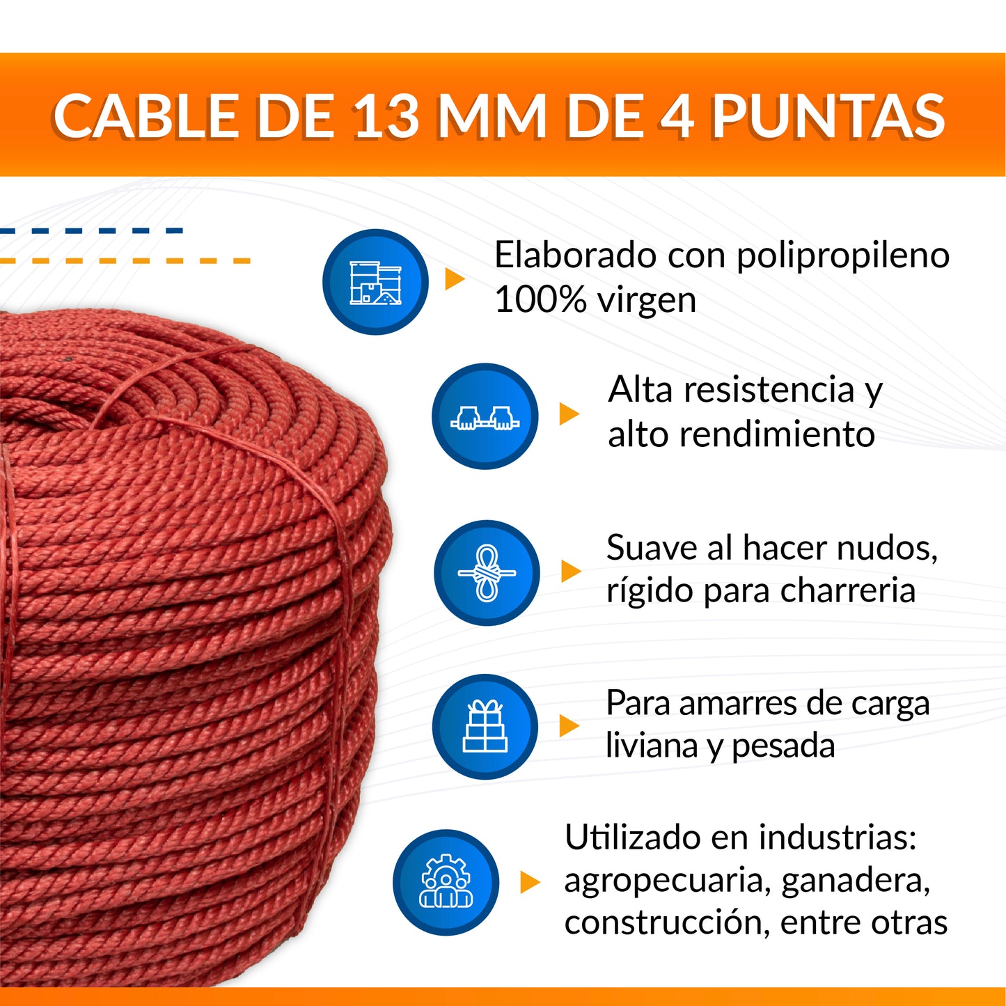 Cable de Polipropileno de 13 mm con 4 puntas rojo
