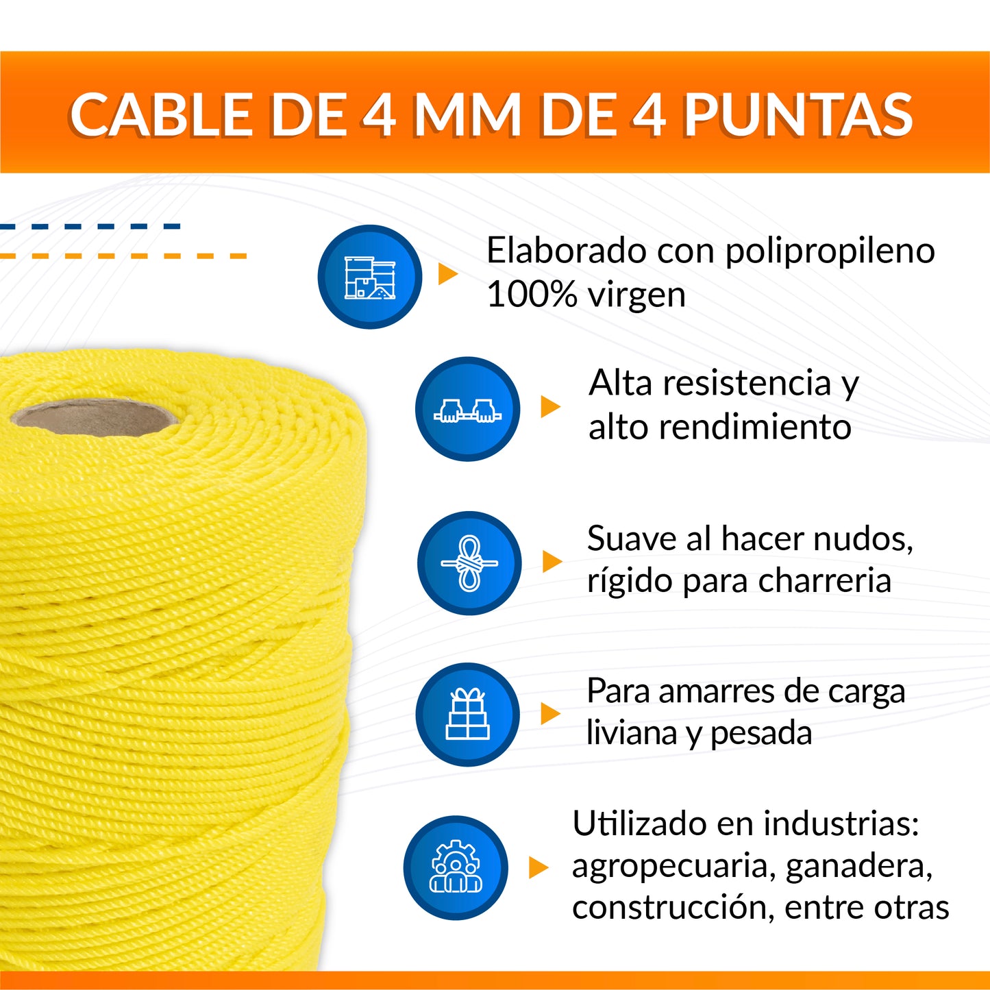 Cable de Polipropileno de 4 mm con 4 Puntas amarillo