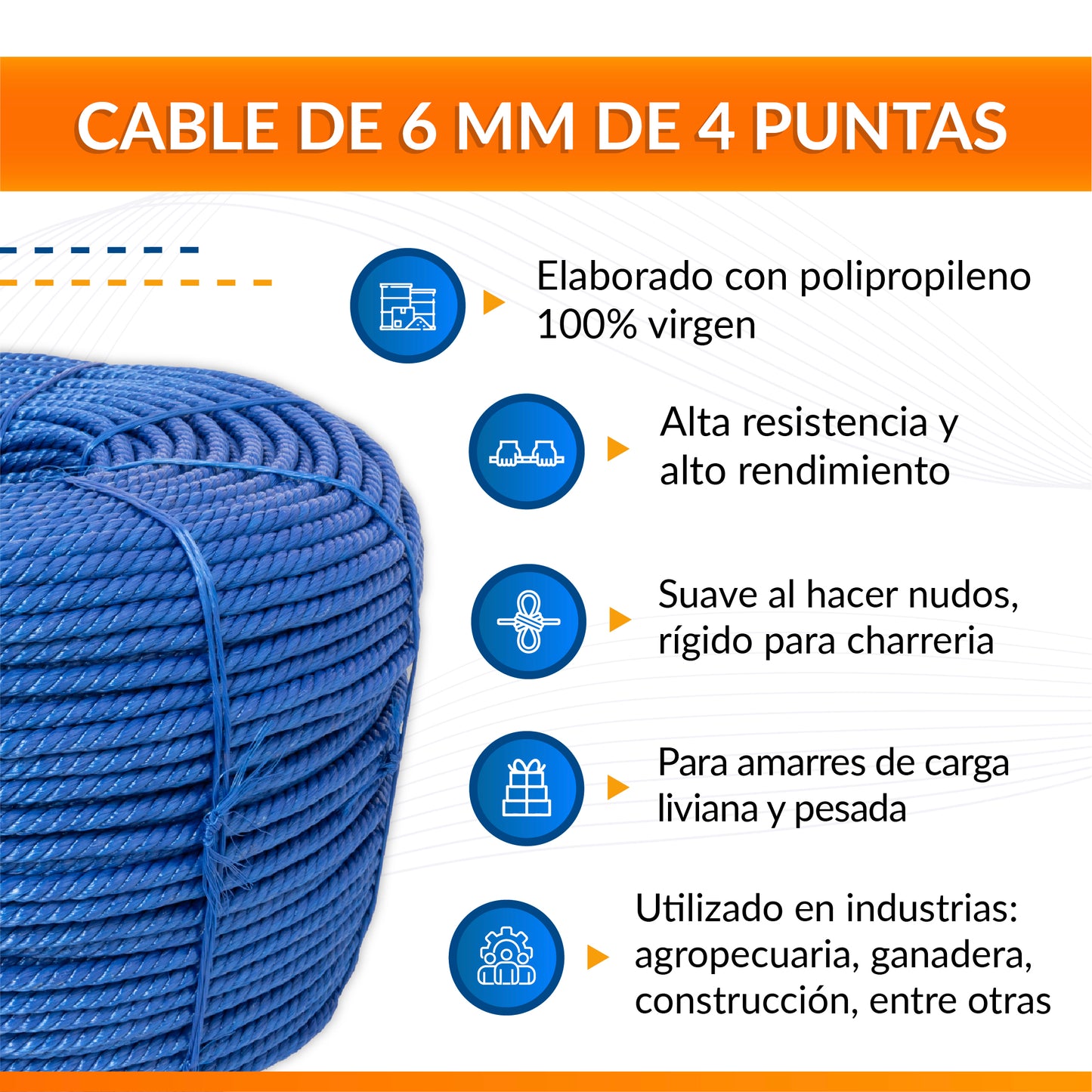 Cable de Polipropileno de 6 mm con 4 Puntas azul