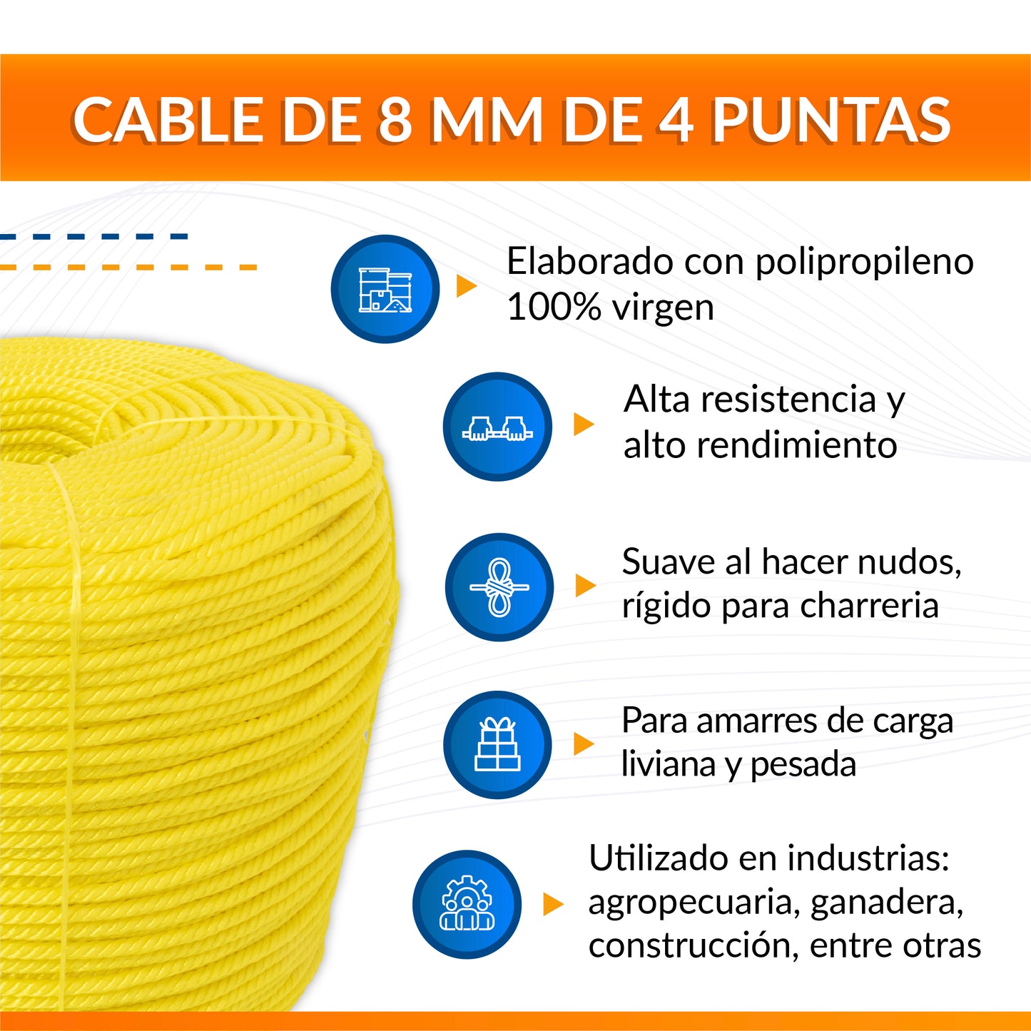 Cable de Polipropileno de 8 mm con 4 Puntas amarillo