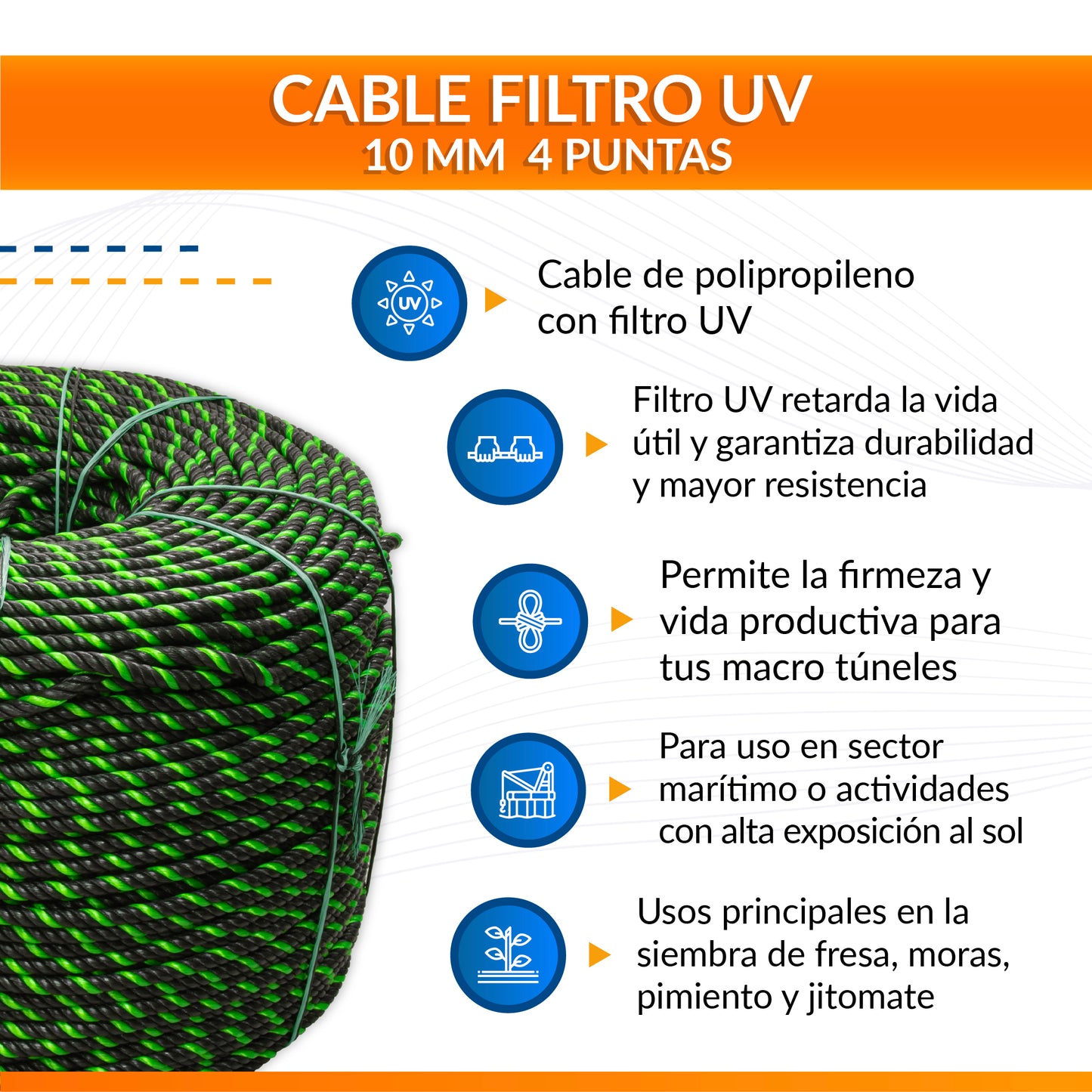 Cable de Polipropileno UV 10 mm 4 puntas Negro/Verde