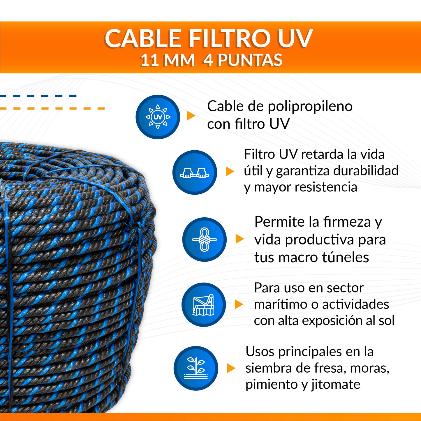 Cable de Polipropileno UV 11 mm 4 puntas Negro/Azul