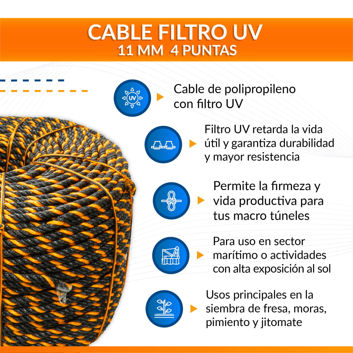 Ficha técnica del cable de polipropileno con filtro UV de 11 mm, cuatro puntas, negro y naranja.