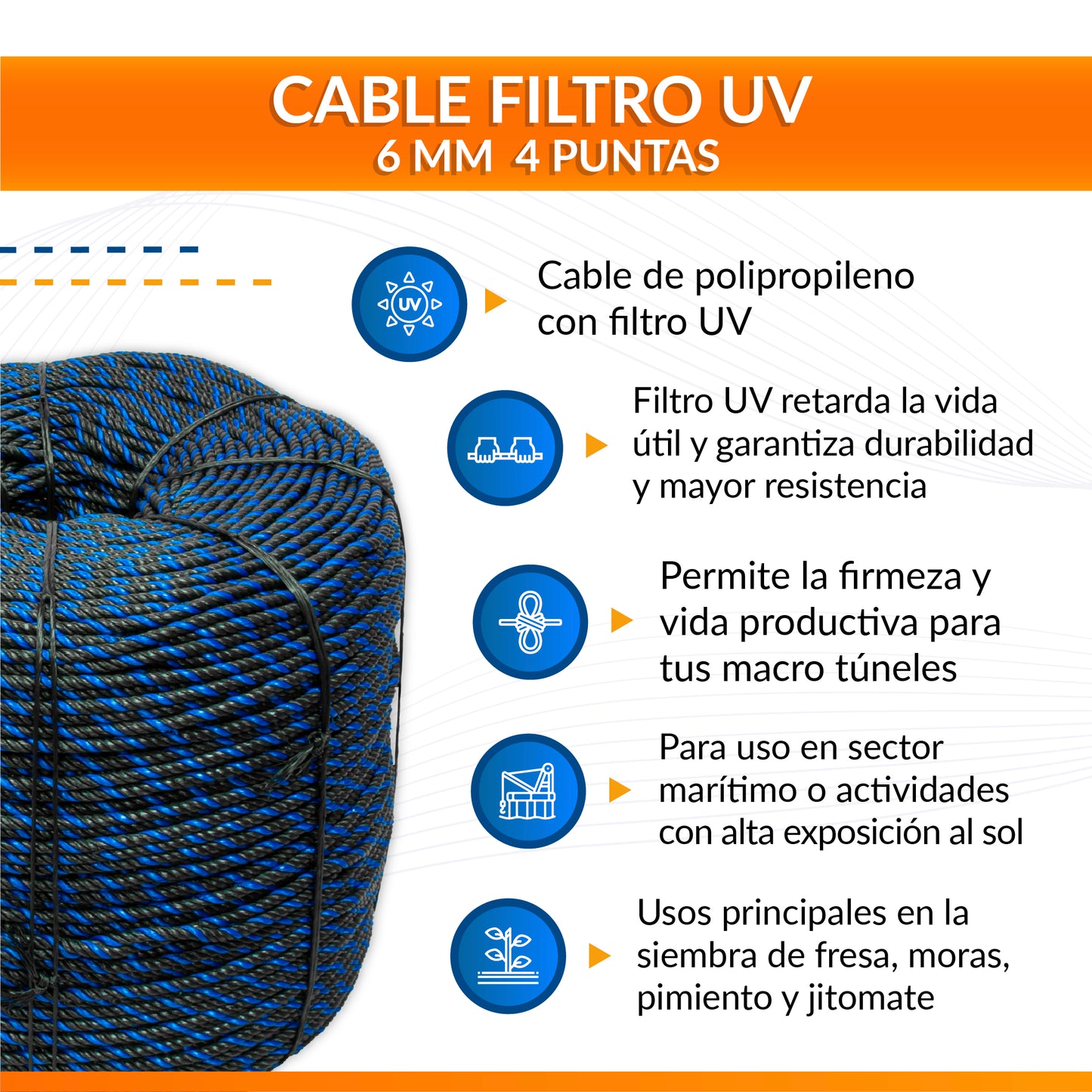 Cable de Polipropileno UV 6 mm 4 puntas Negro/Azul