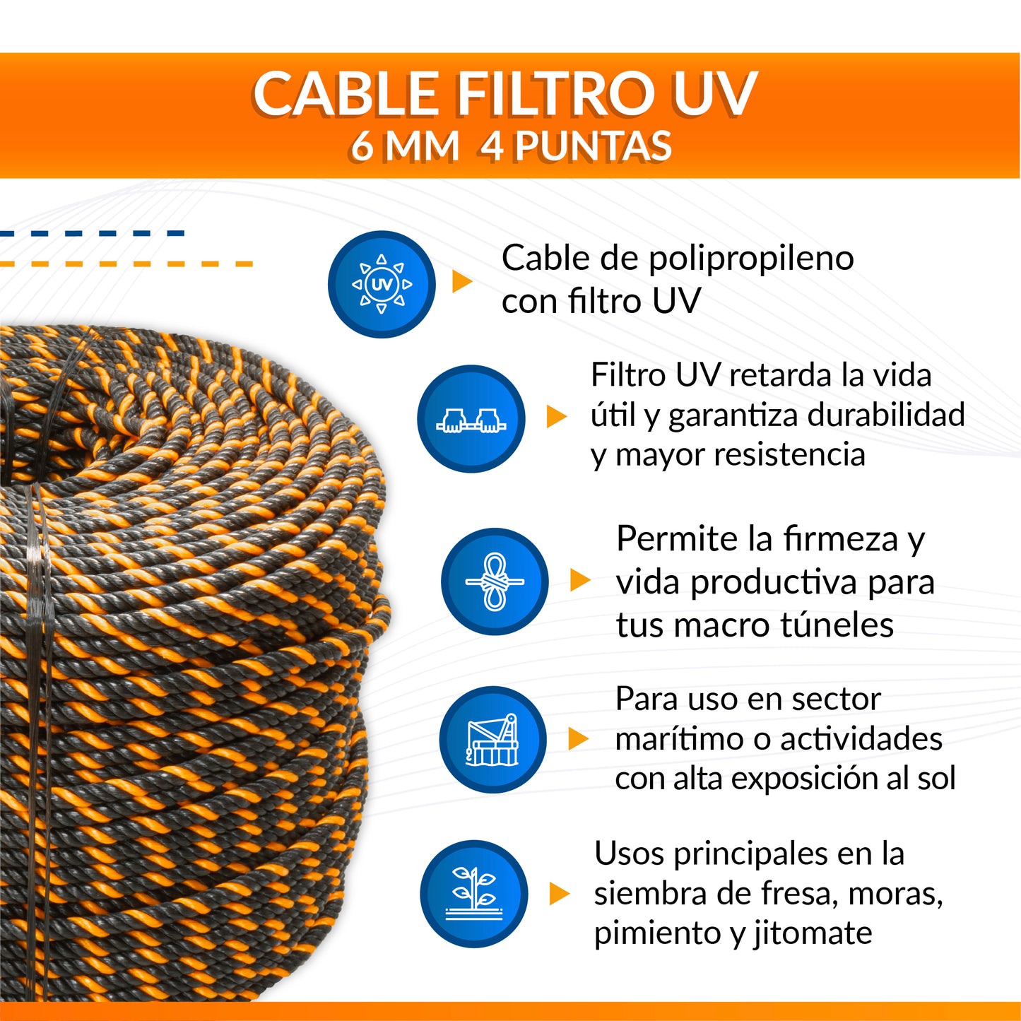 Cable de Polipropileno UV 6 mm 4 puntas Negro/Naranja