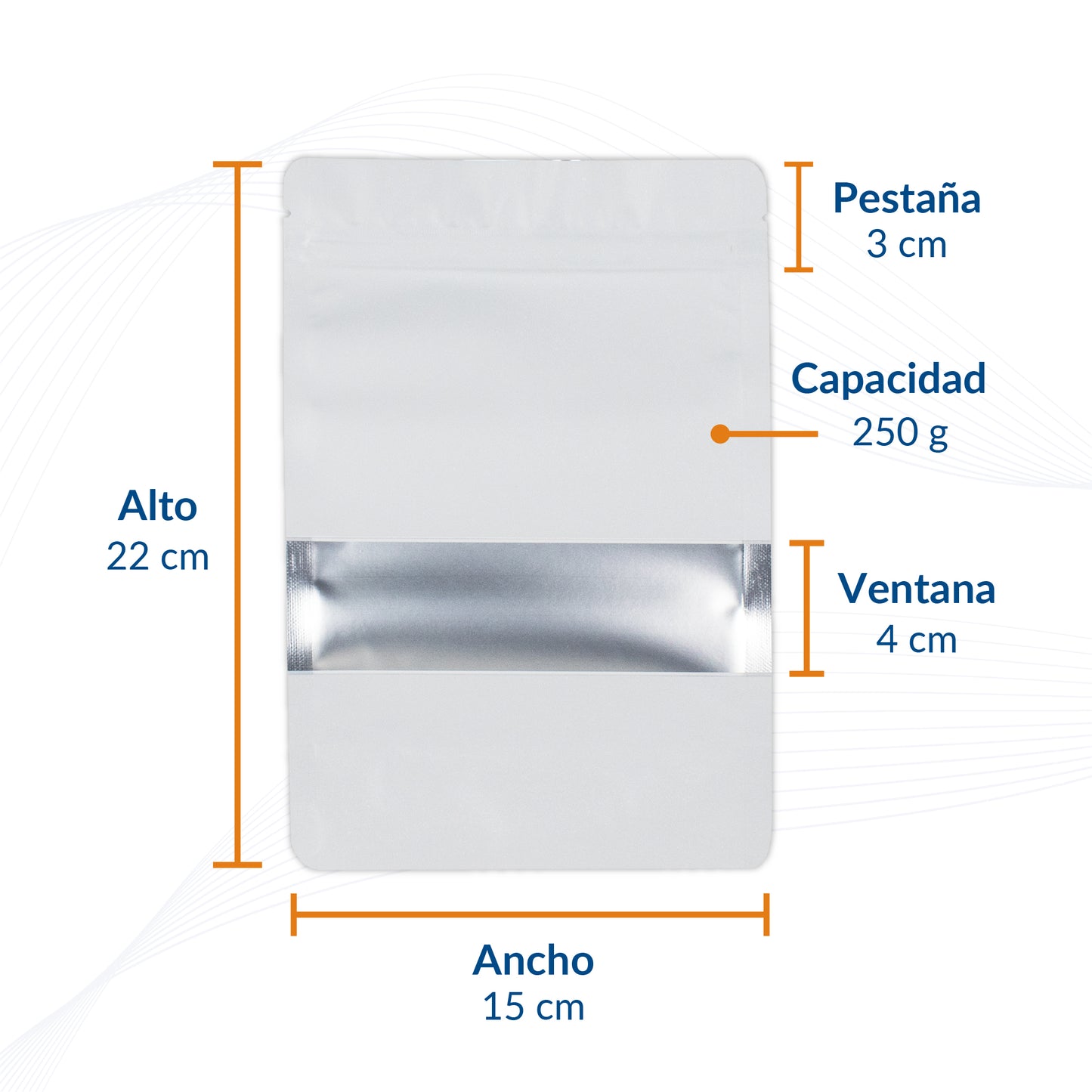 Bolsa Stand Up Pouch Blanca Metalizada con Ventana y Zipper 250g