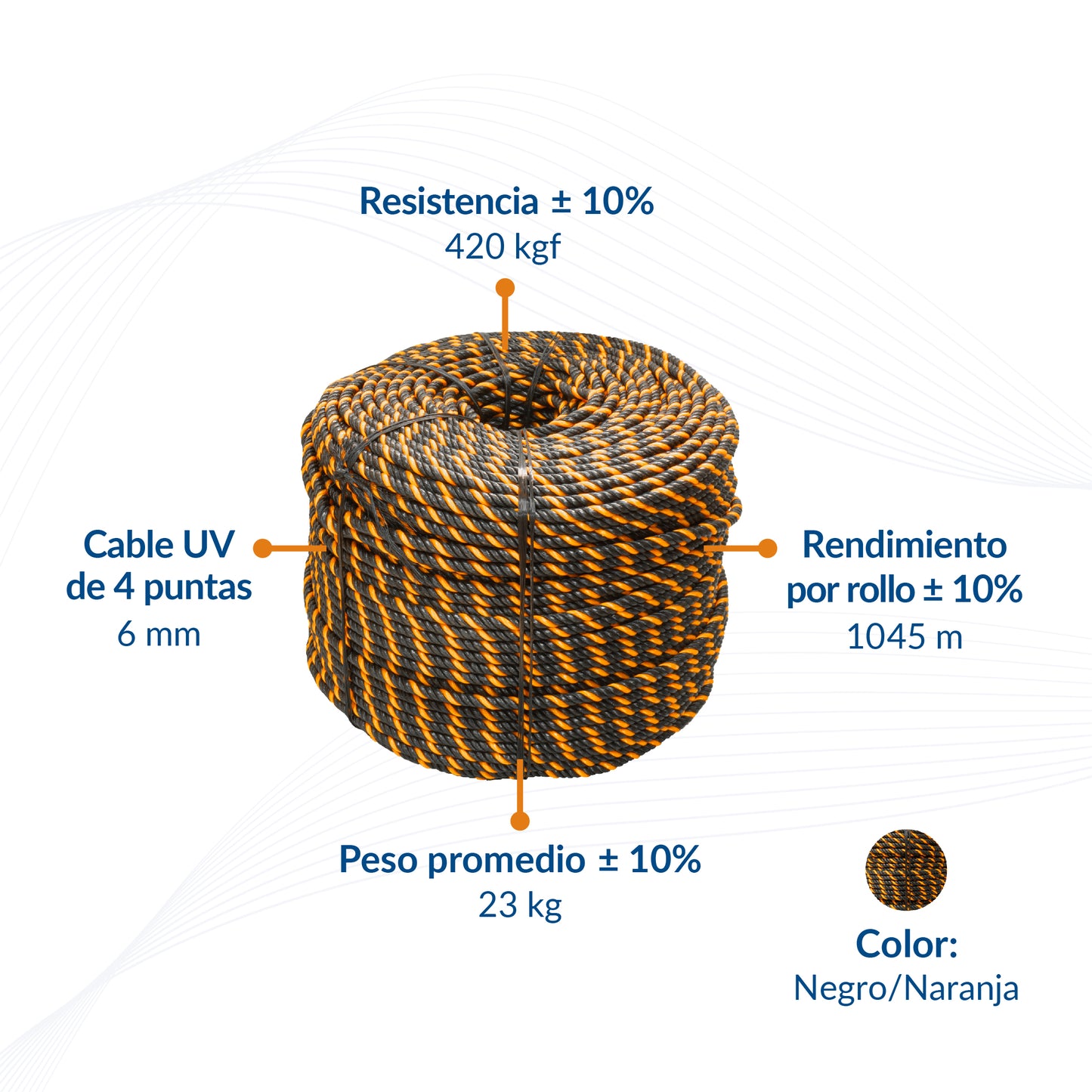 Cable de Polipropileno UV 6 mm 4 puntas Negro/Naranja