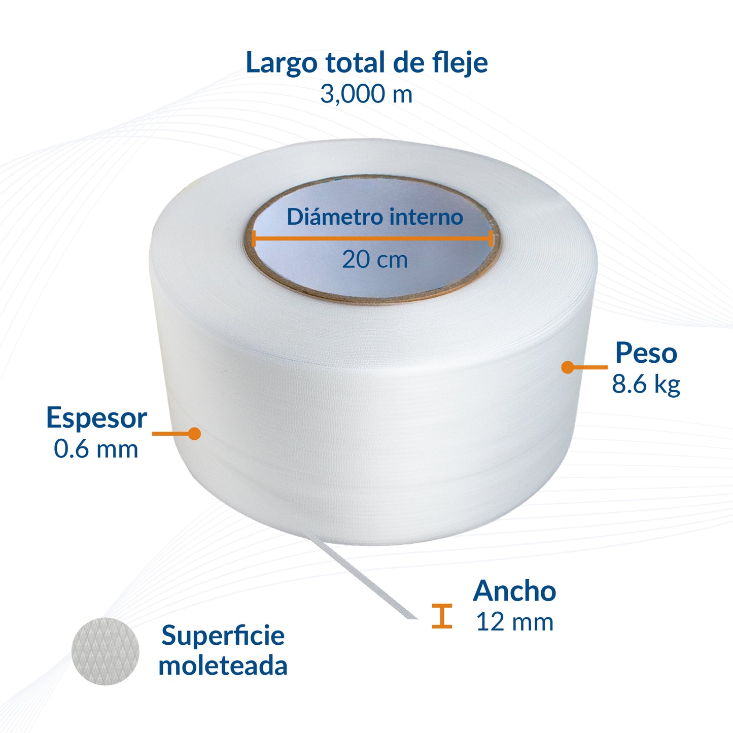 Fleje de Polipropileno Moleteado de 12 mm de ancho 0.6 mm de espesor de 3,000m (8.6 kg/rollo)