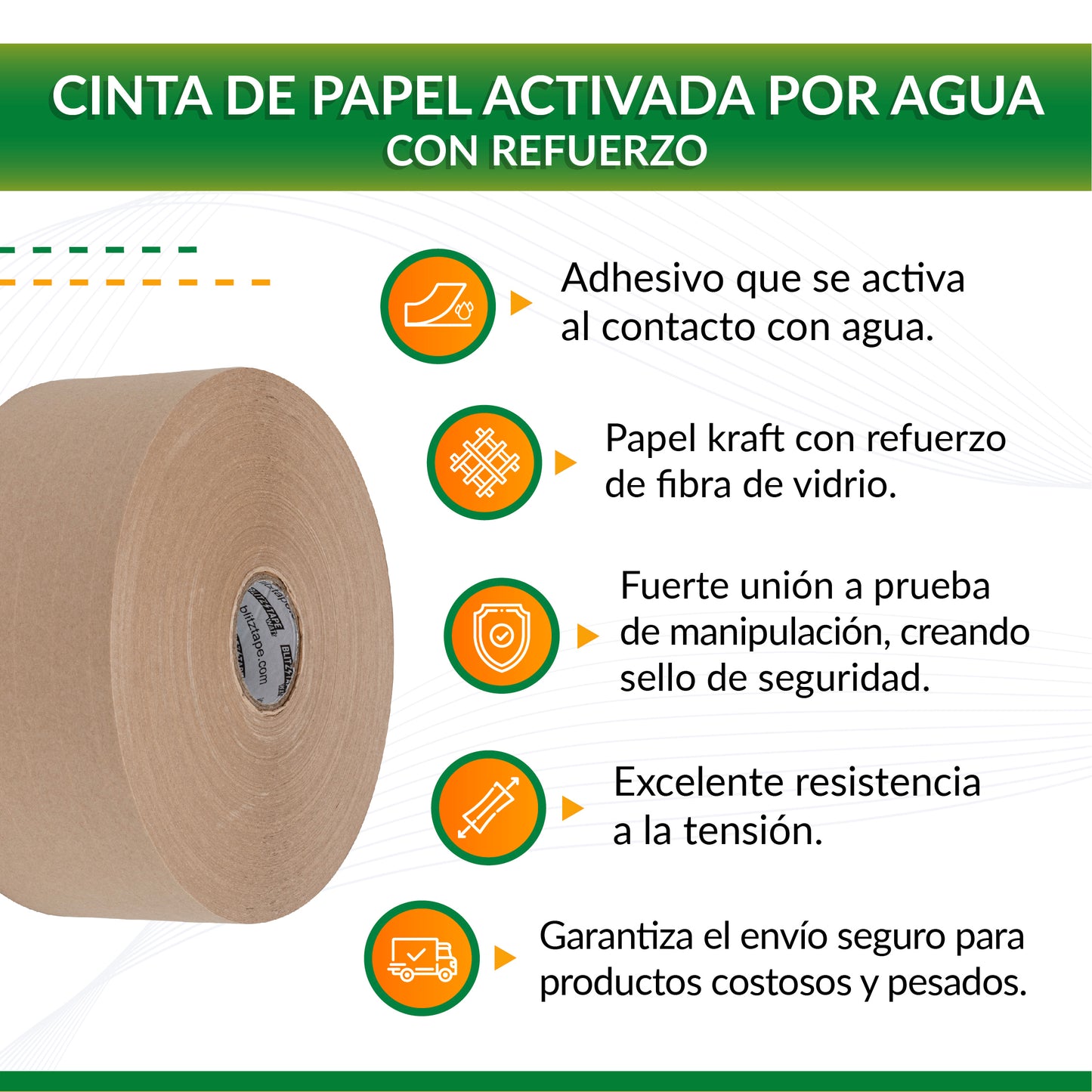 Cinta adhesiva activada por agua reforzada