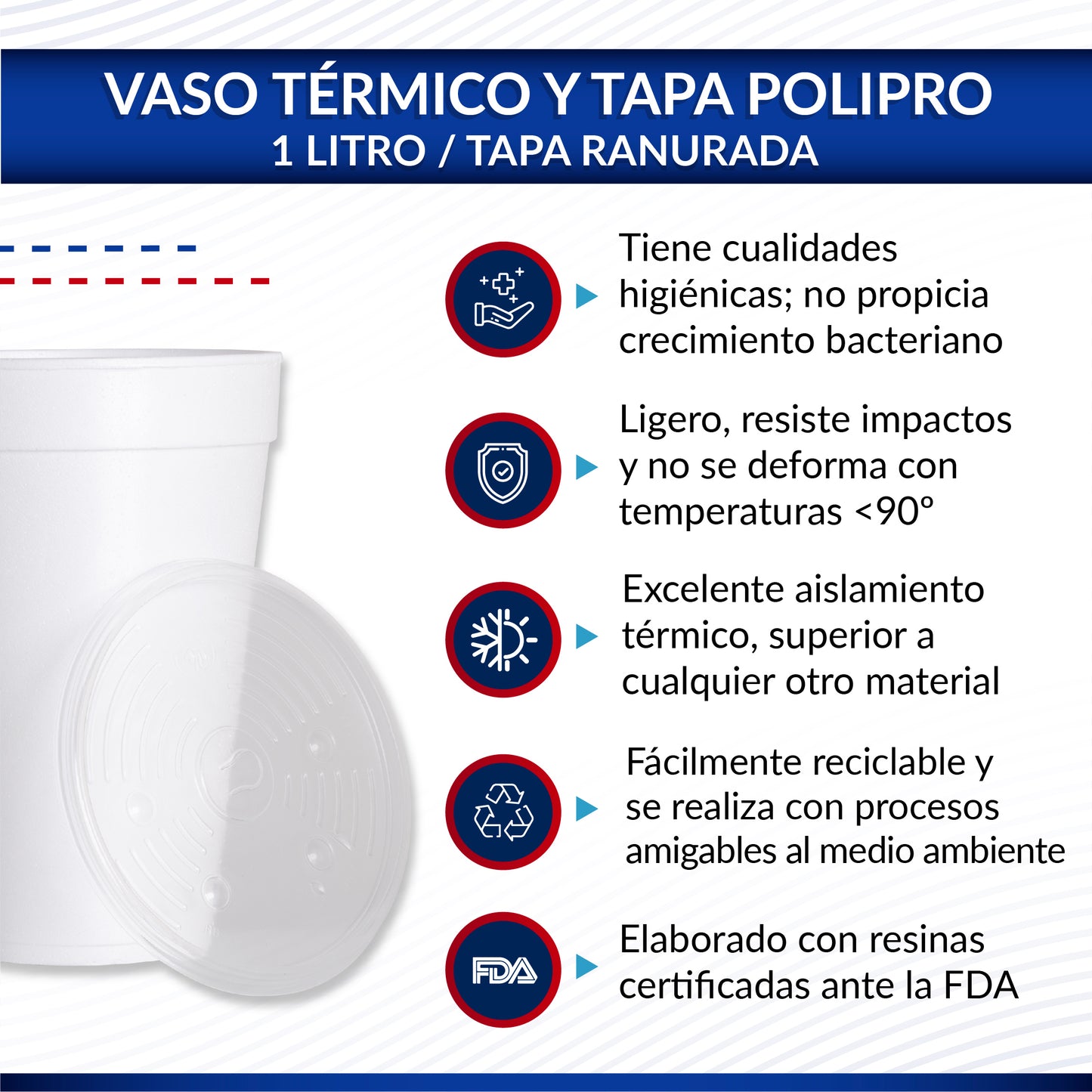 Kit Vaso térmico 1 L + Tapa Ranurada p/vaso 1L Reyma