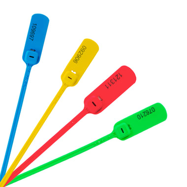 Sellos de seguridad tipo cinturón en azul, amarillo, rojo y verde.