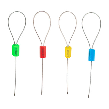 Sellos de seguridad con cable metálico y cuerpos verde, rojo, amarillo y azul.