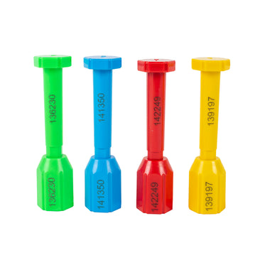 Sellos de seguridad tipo perno en verde, azul, rojo y amarillo.