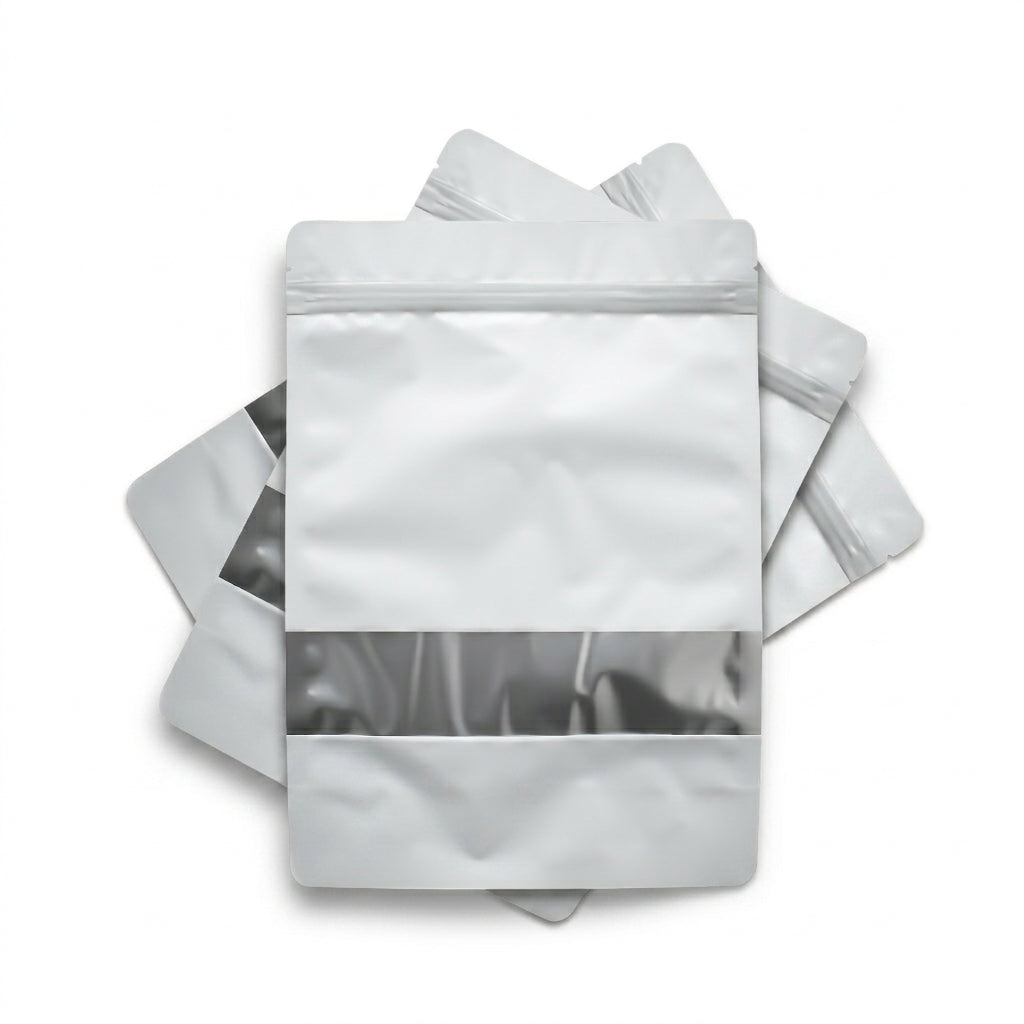 Bolsa Stand Up Pouch Blanca Metalizada con Ventana y Zipper (100 pzas)