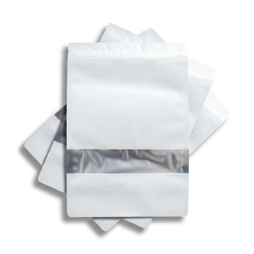 Bolsa Stand Up Pouch Blanca Metalizada con Ventana y Zipper (100 pzas)