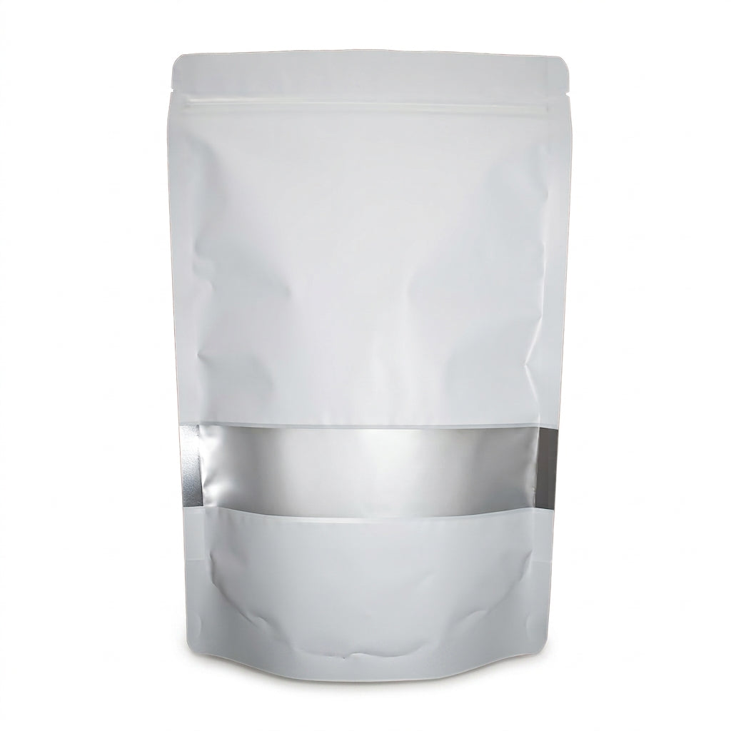 Bolsa Stand Up Pouch Blanca Metalizada con Ventana y Zipper (100 pzas)