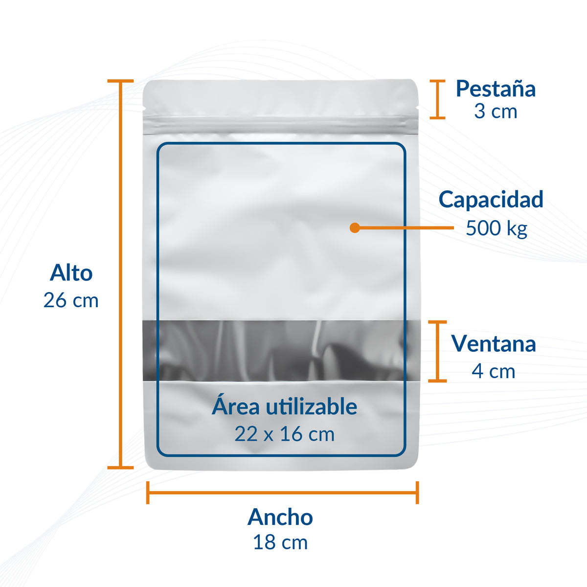 Bolsa Stand Up Pouch Blanca Metalizada con Ventana y Zipper (100 pzas)