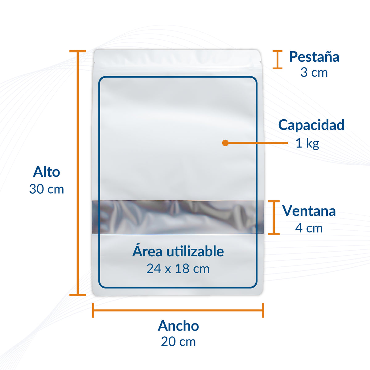 Bolsa Stand Up Pouch Blanca Metalizada con Ventana y Zipper (100 pzas)