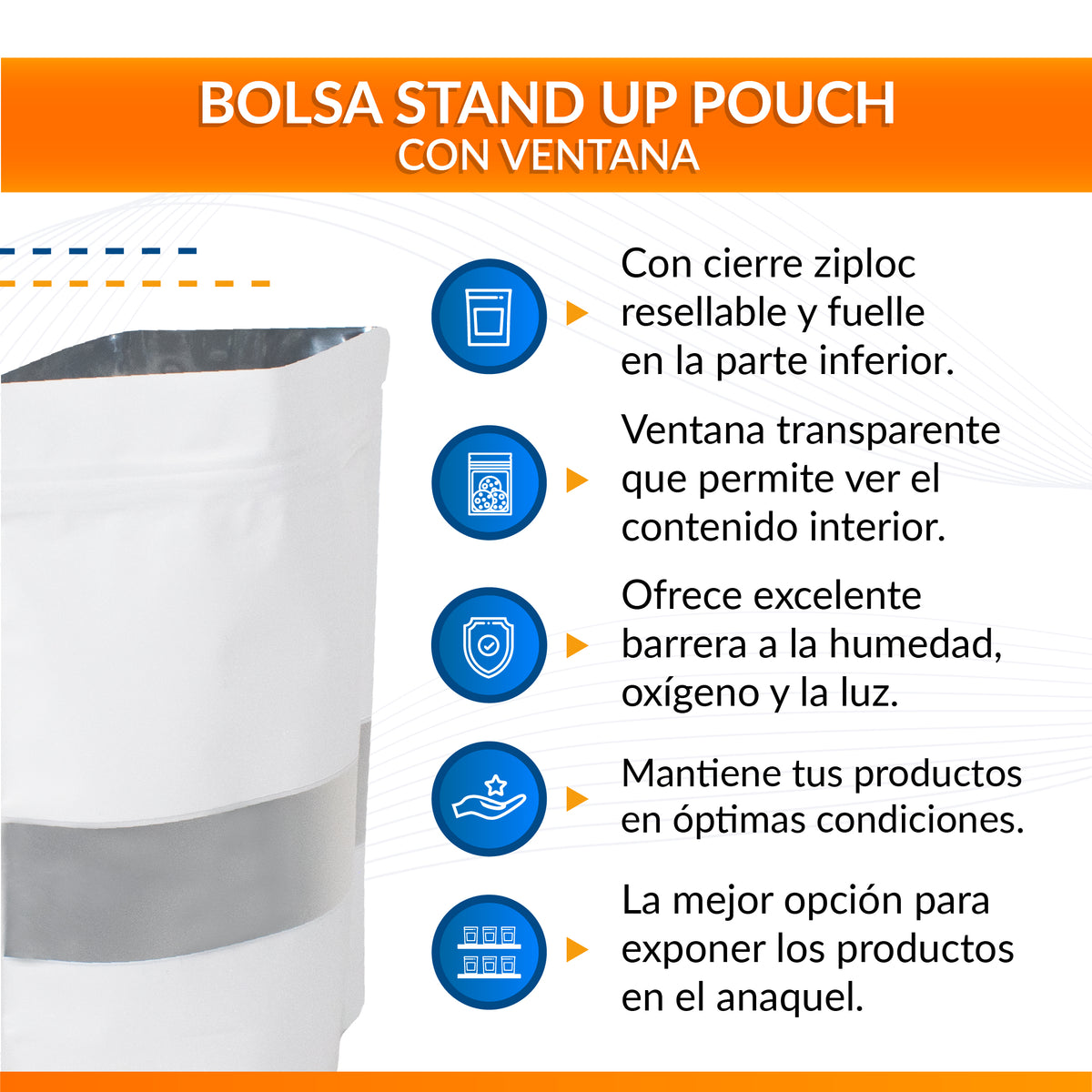 Bolsa Stand Up Pouch Blanca Metalizada con Ventana y Zipper (100 pzas)