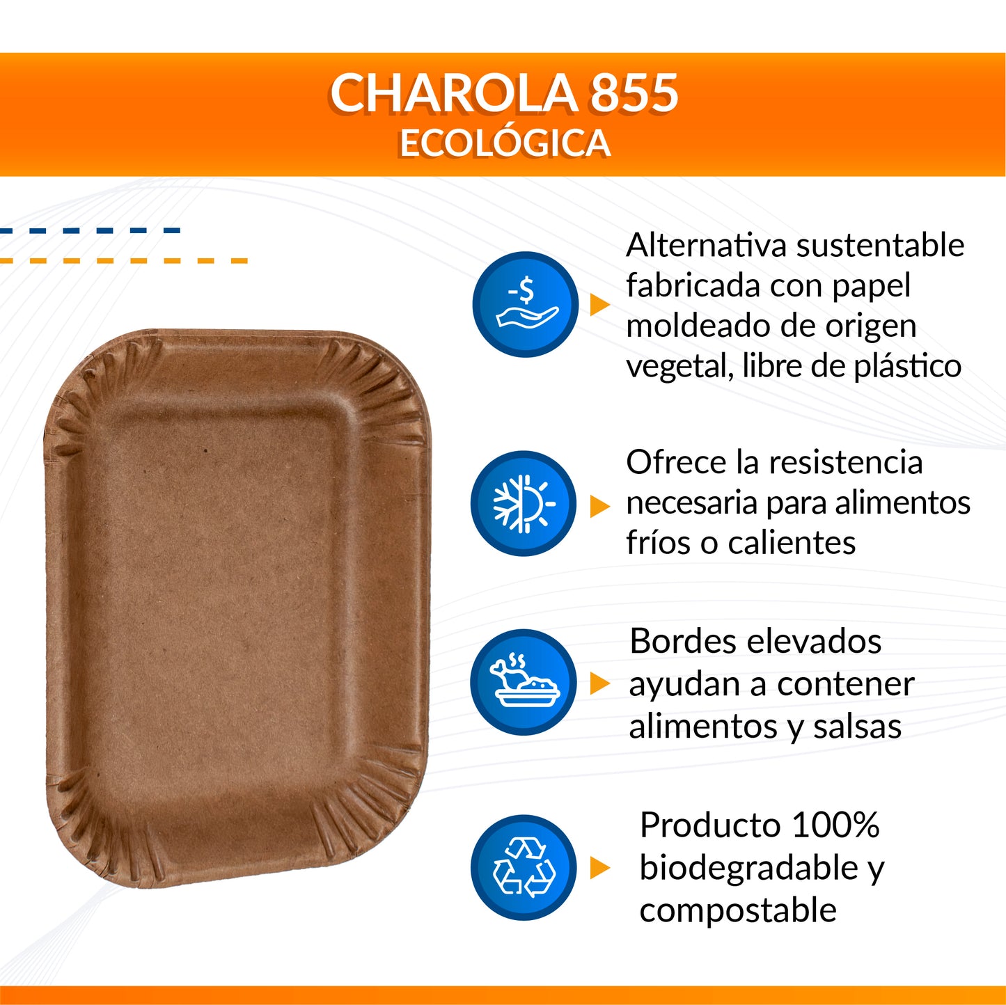 Charola 855 ecológica biodegradable de papel para alimentos