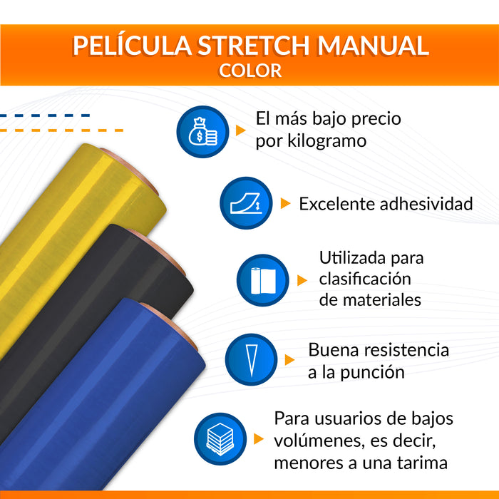Infografía de película stretch manual de color con información sobre sus características y uso.