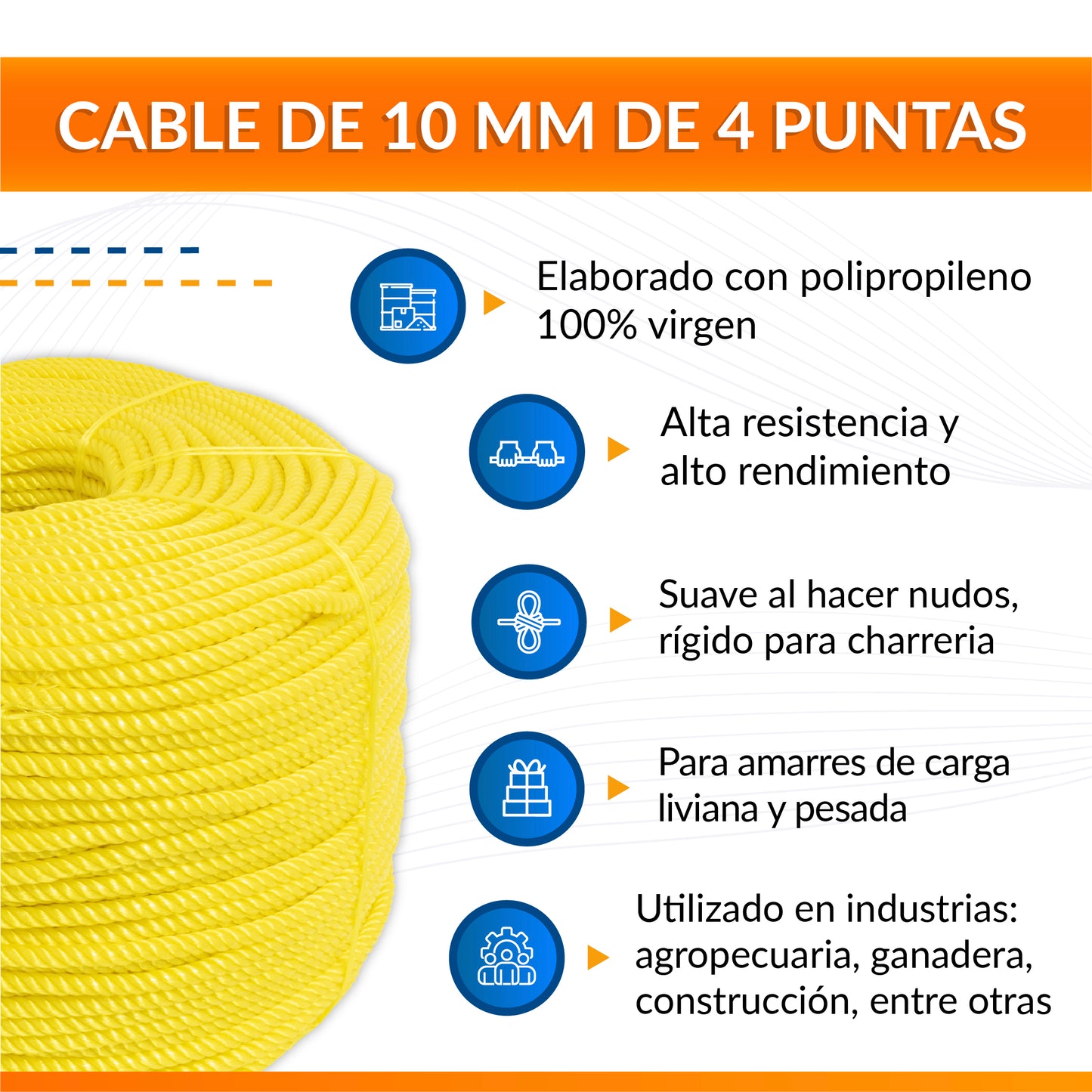 Cable de Polipropileno de 10 mm con 4 puntas amarillo
