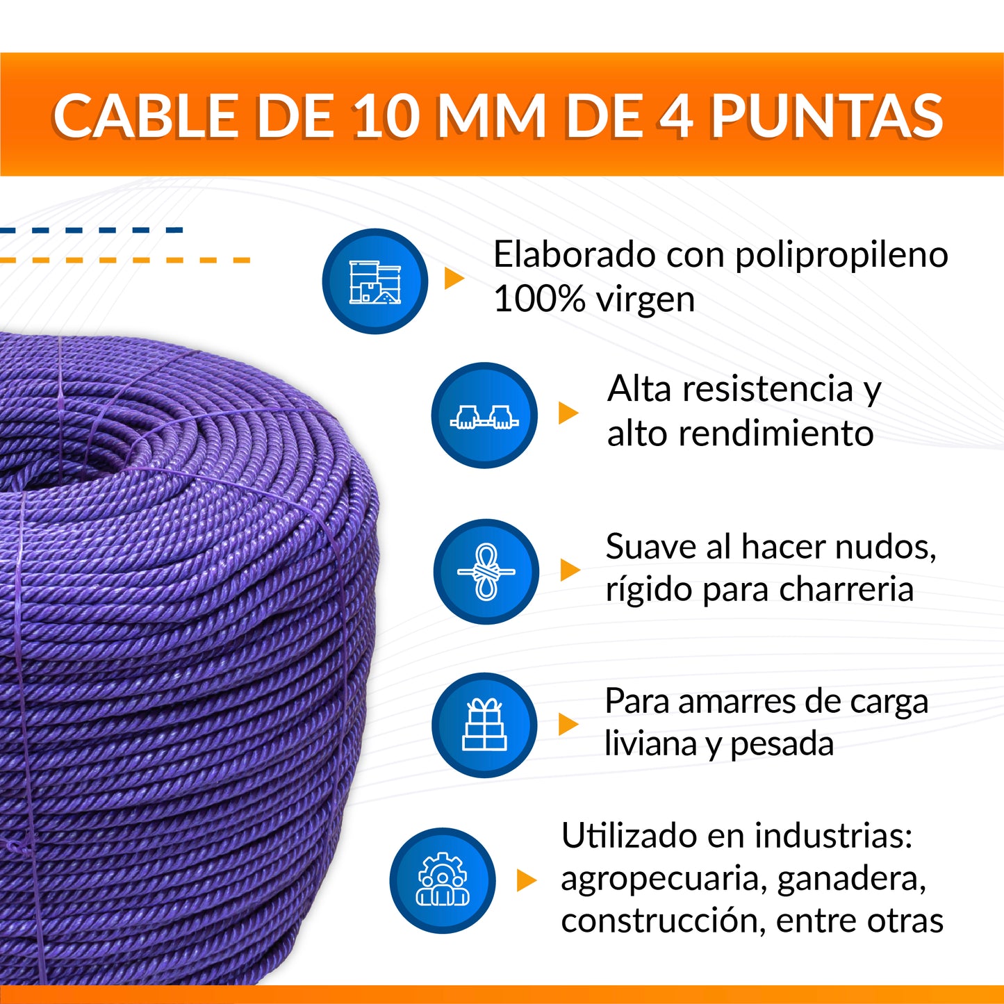 Cable de Polipropileno de 10 mm con 4 Puntas morado