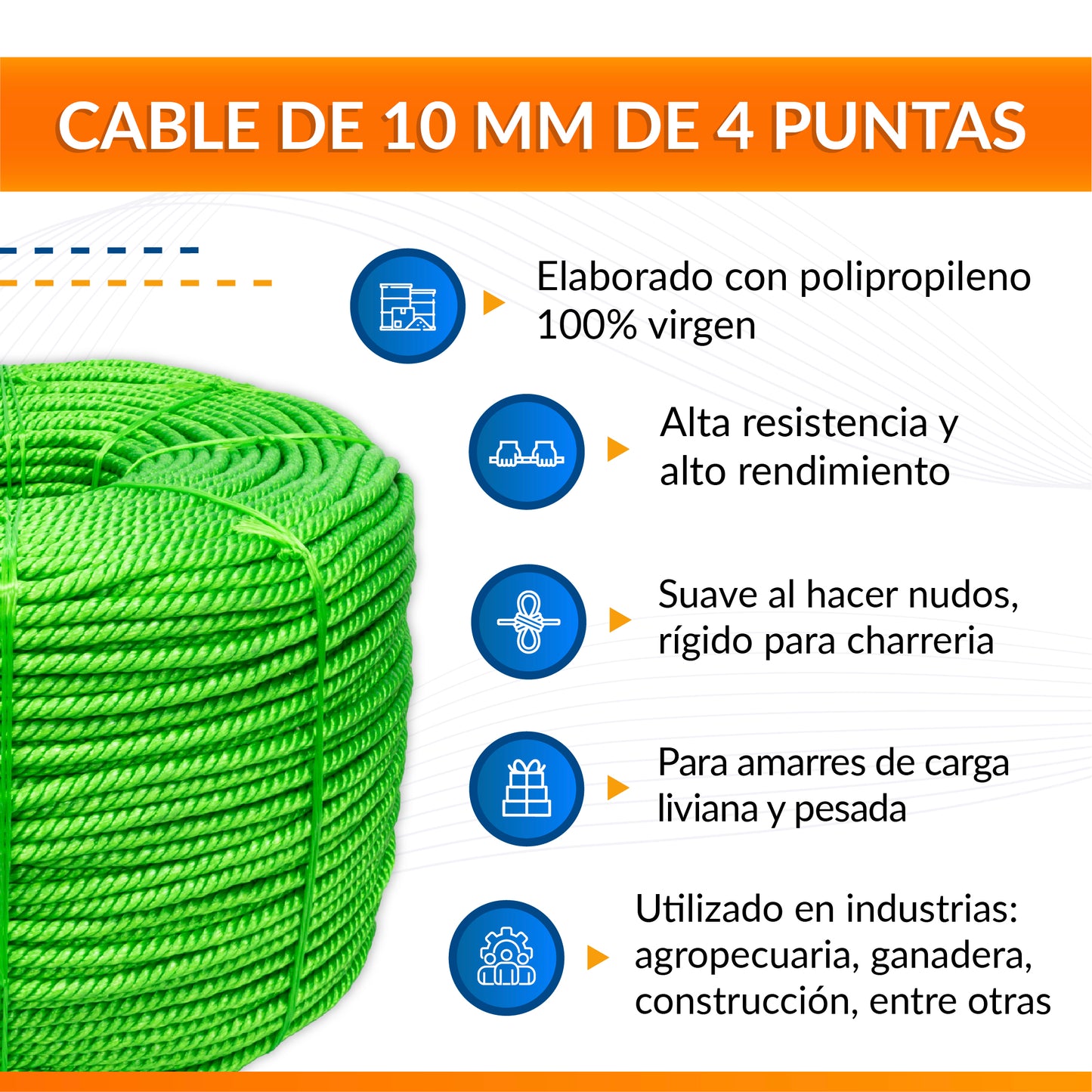 Cable de Polipropileno de 10 mm con 4 Puntas verde