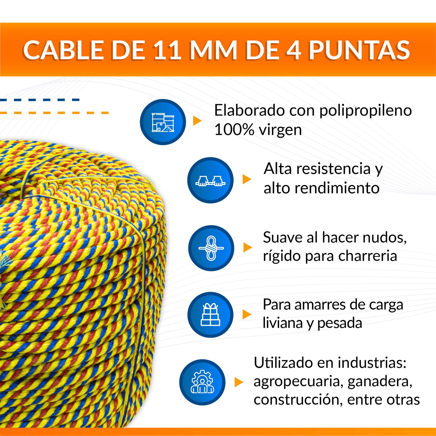Cable de Polipropileno de 11 mm con 4 puntas combinado