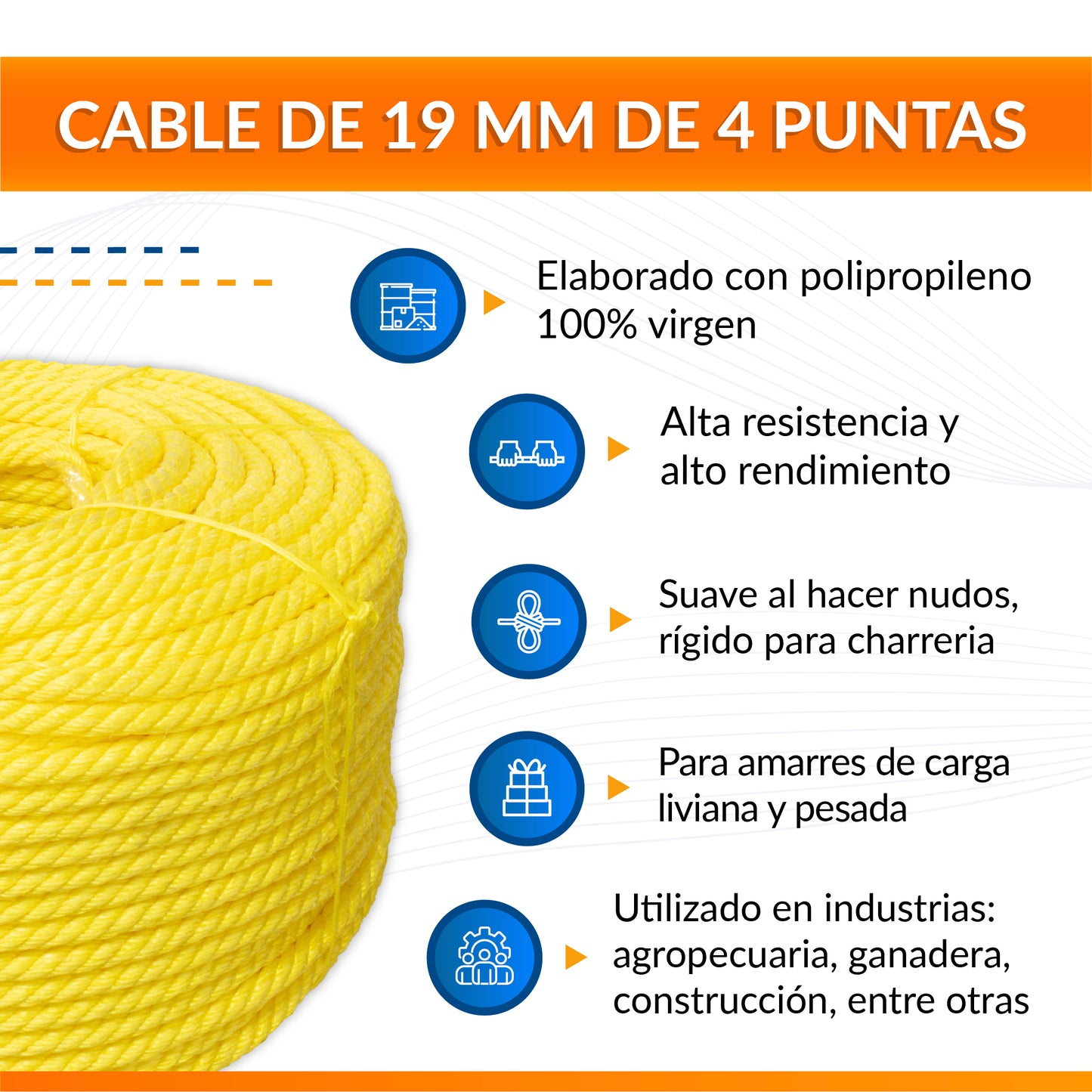 Cable de Polipropileno de 19 mm con 4 puntas amarillo