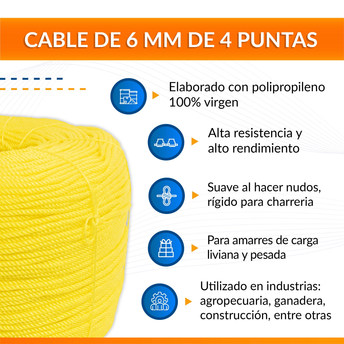 Cable de Polipropileno de 6 mm con 4 Puntas amarillo