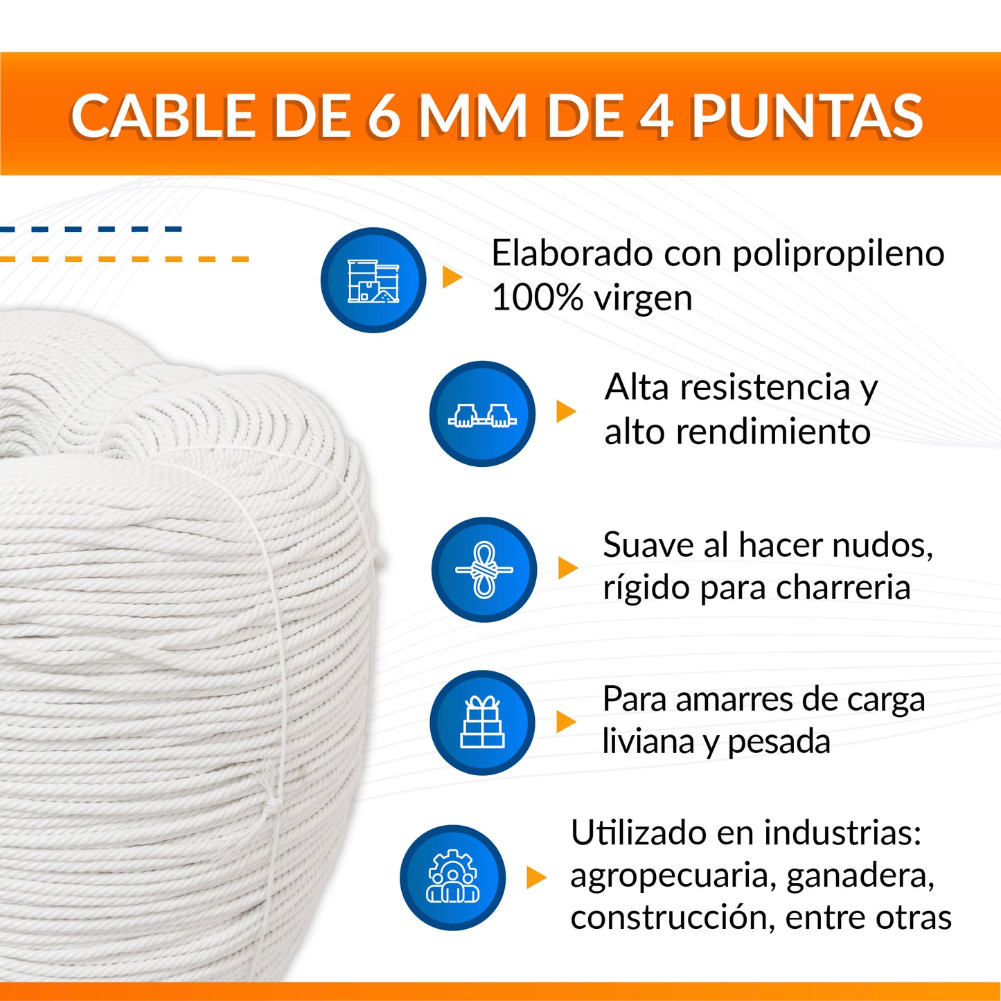 Cable de Polipropileno de 6 mm con 4 Puntas blanco