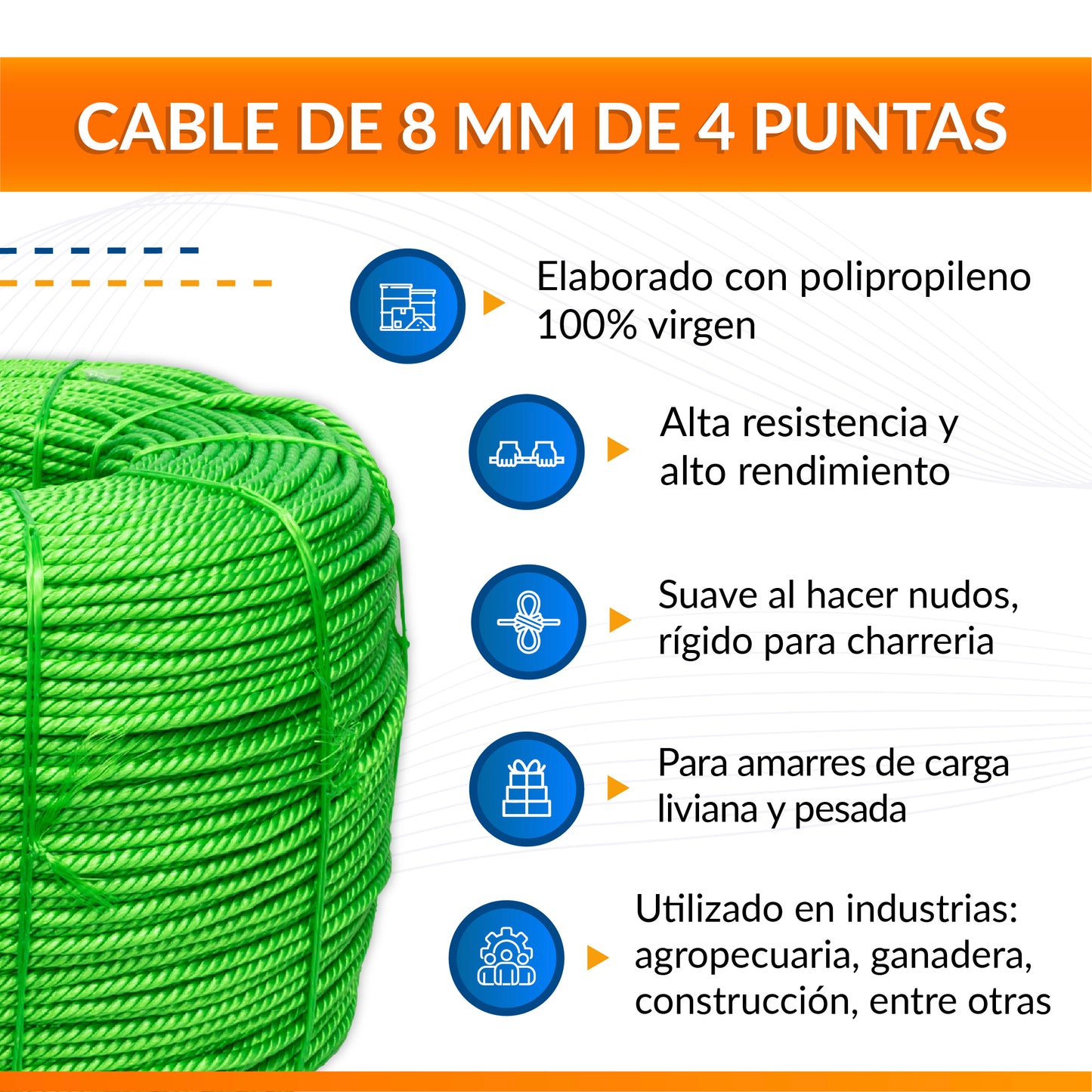 Cable de Polipropileno de 8 mm con 4 puntas verde