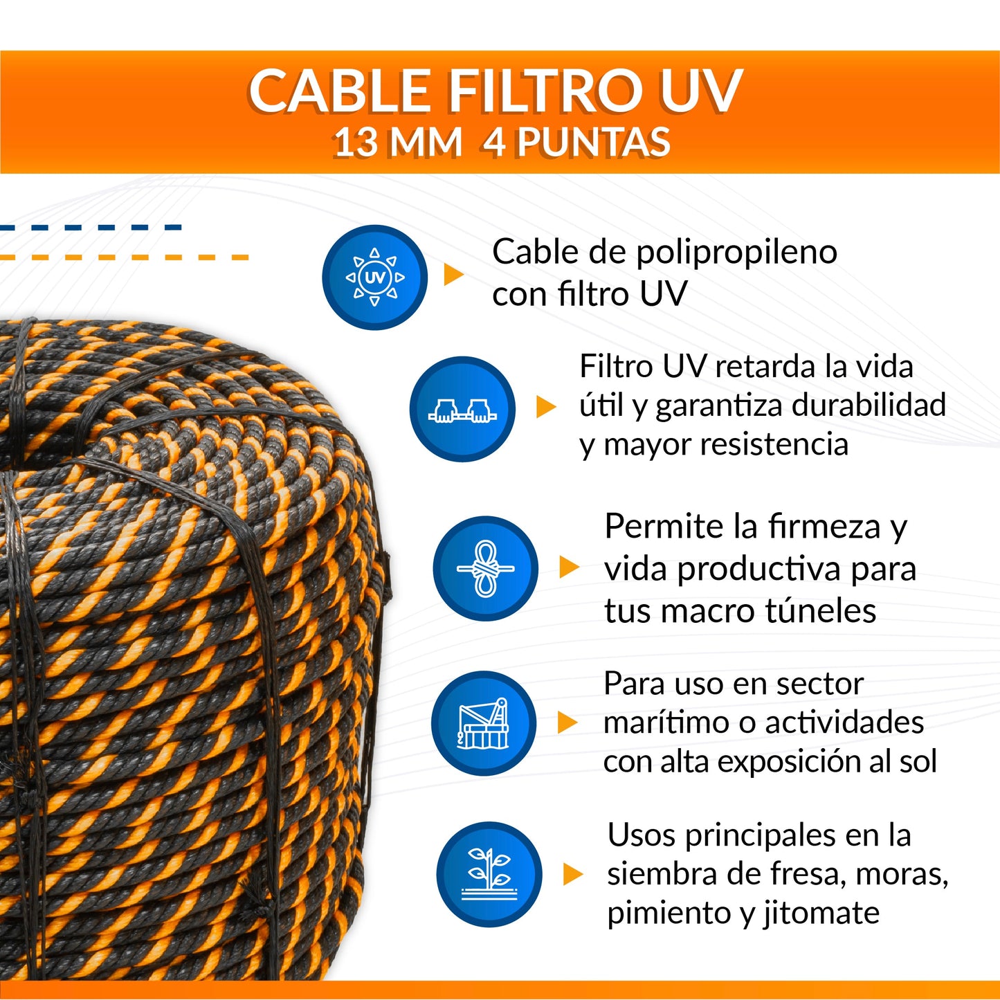 Cable de Polipropileno UV 13 mm 4 puntas Negro/Naranja