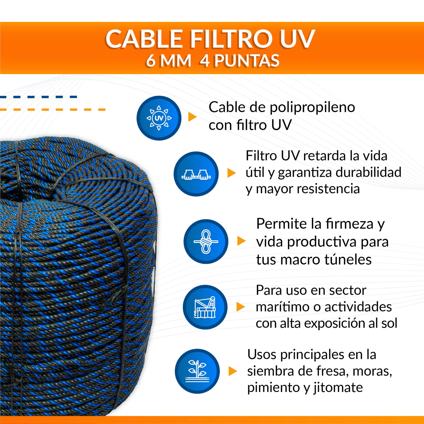 Cable de Polipropileno UV 6 mm 4 puntas Negro/Azul