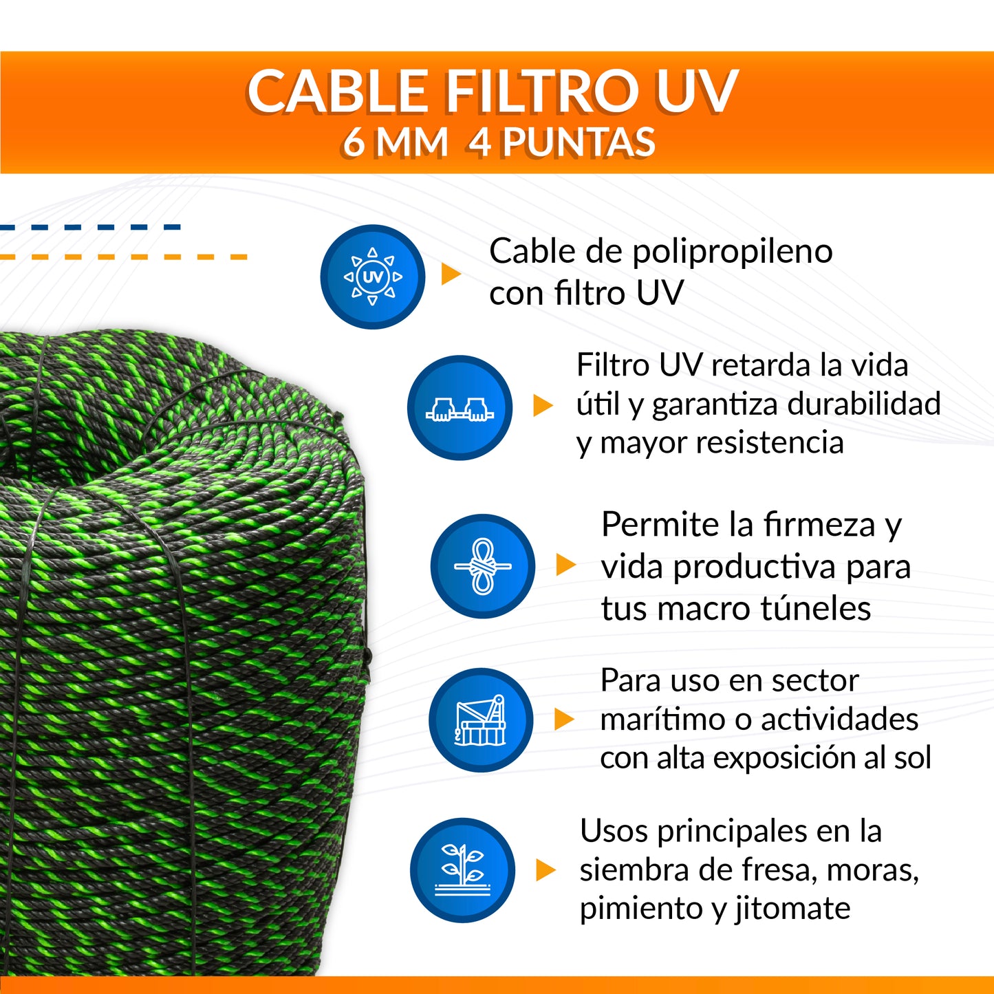 Cable de Polipropileno UV 6 mm 4 puntas Negro/Verde