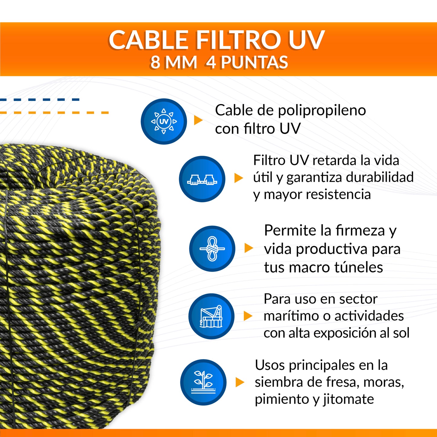 Cable de Polipropileno UV 8 mm 4 puntas Negro/Amarillo