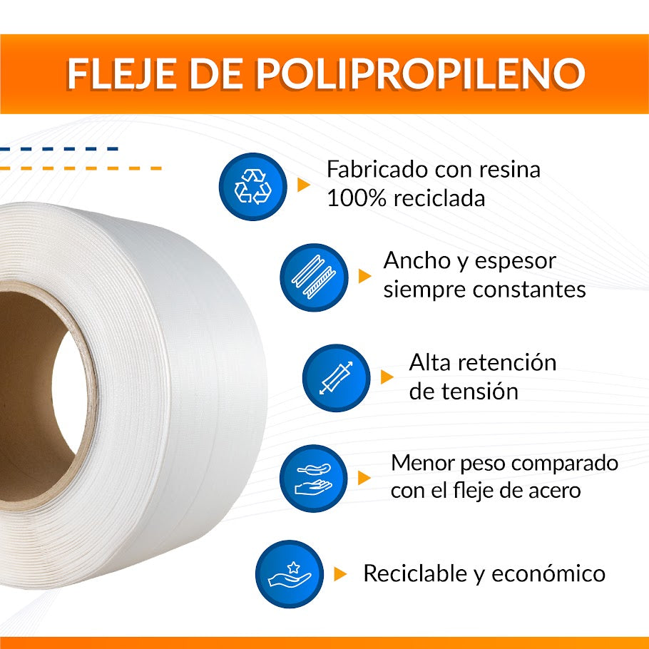 Kit Flejadora Semiautomática más rollo de fleje automático de polipropileno 1/2" blanco