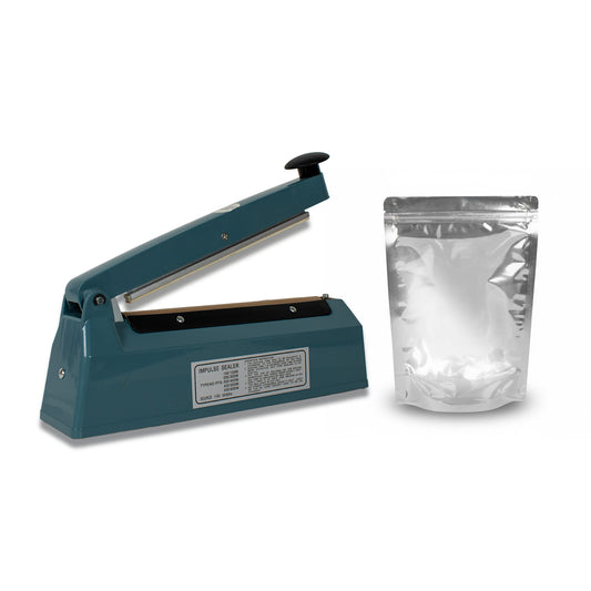 Kit Máquina Selladora de Impulso 200mm + 100 Bolsas Stand Up Pouch Color Plata con zipper