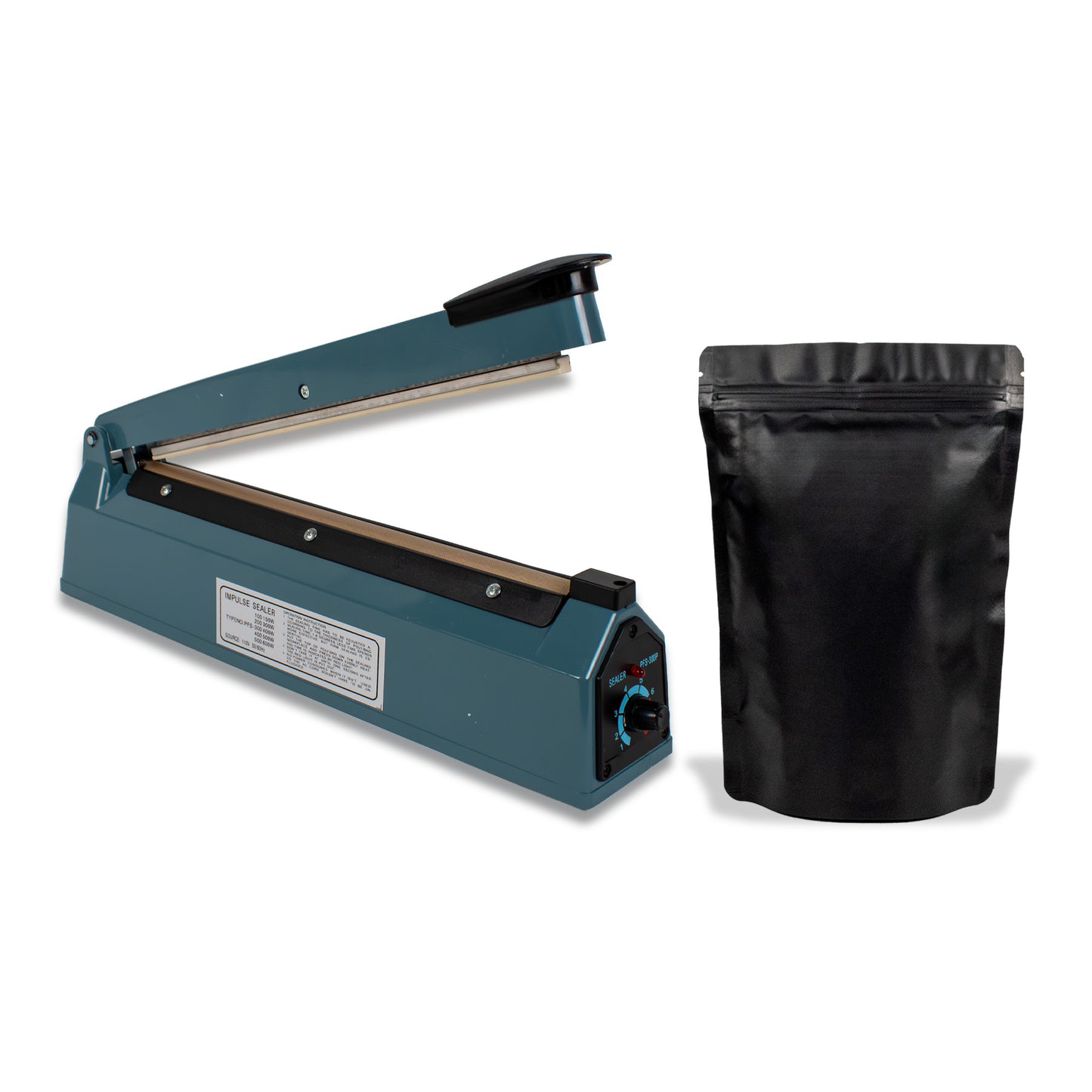 Kit Máquina Selladora de Impulso 300mm + 100 Bolsas Stand Up Pouch Negras Metalizadas