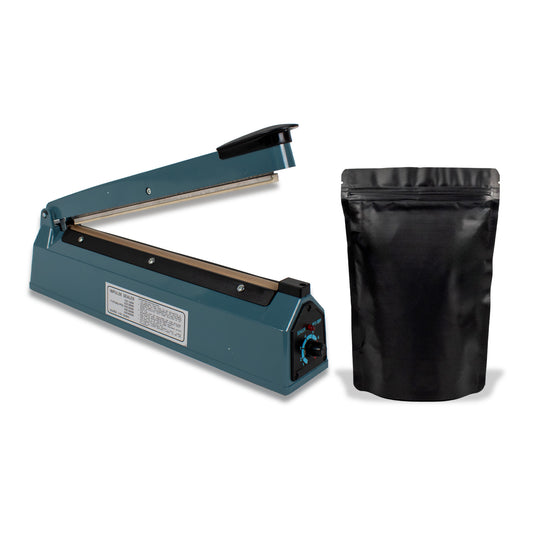 Kit Máquina Selladora de Impulso 300mm + 100 Bolsas Stand Up Pouch Negras Metalizadas