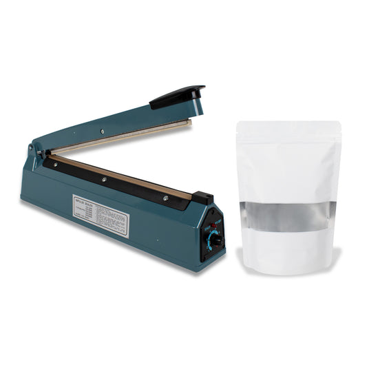 Kit Máquina Selladora de Impulso 300mm + 100 Bolsas Stand Up Pouch Blancas Metalizadas con Ventana