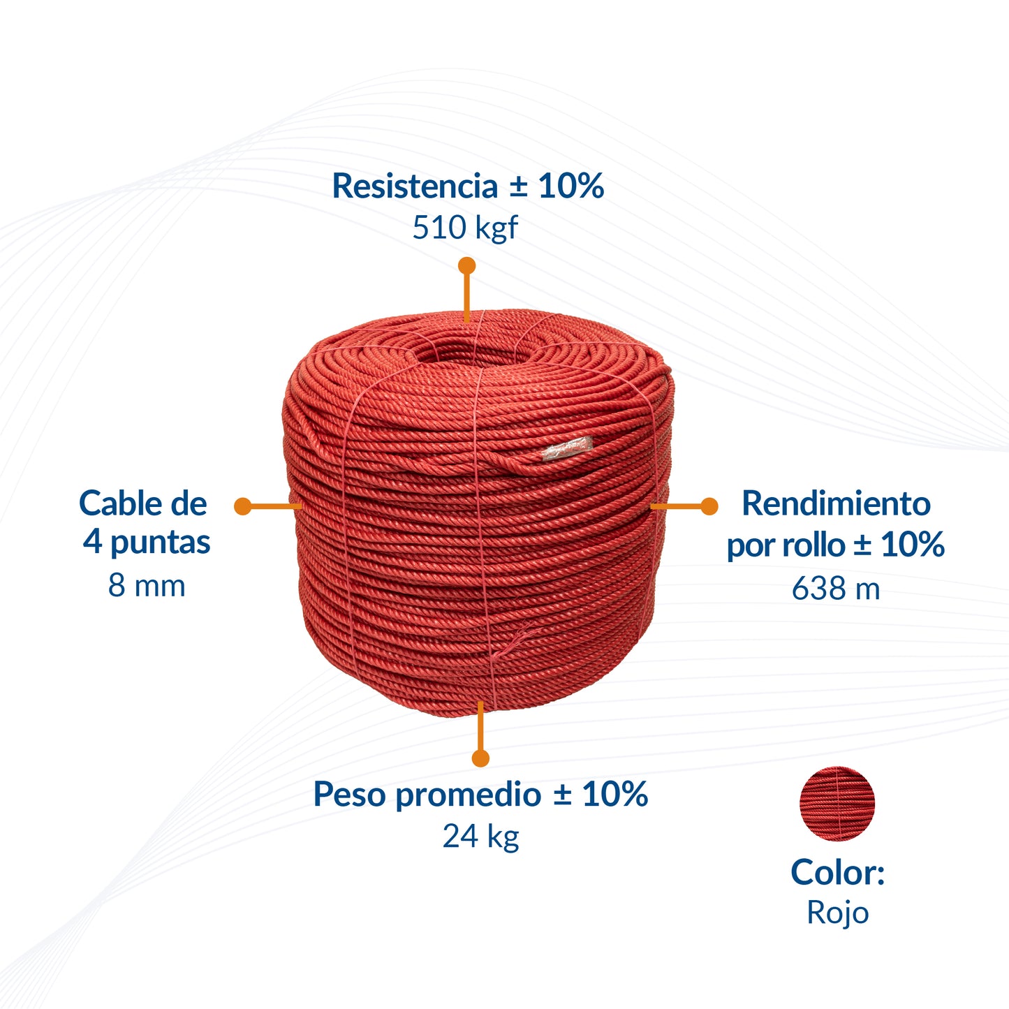 Cable de Polipropileno de 8 mm con 4 Puntas rojo
