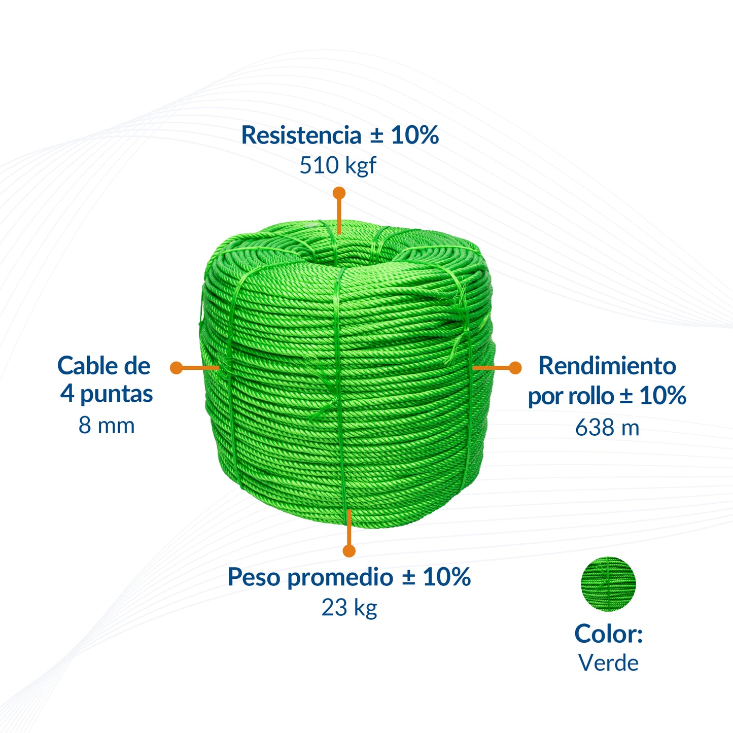 Cable de Polipropileno de 8 mm con 4 puntas verde