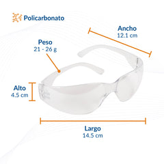 Medidas de los lentes sencillos: 14.5 cm de largo, 12.1 cm de ancho, 4.5 cm de alto y peso de 21 a 26 g.